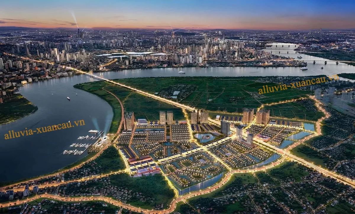 Phối cảnh Alluvia City về đêm cực đẹp, thơ mộng, sinh thái bên sông Hồng