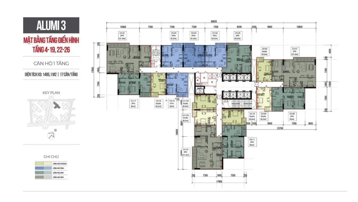 Mặt bằng tầng 4 đến tầng 19, tầng 22 đến 26